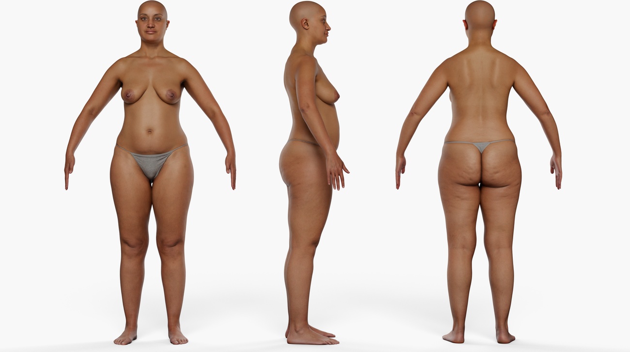 Full body 3D scan of a soft-figured female with smooth skin, retopologised quad mesh render